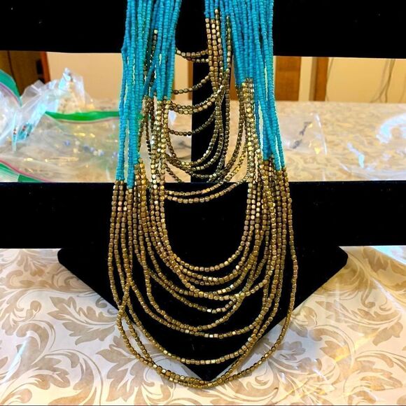 Vtg 24 Strand Seed Bead Necklace Gold Tone & Turquoise Color Southwest Vibe 36” - Picture 8 of 8